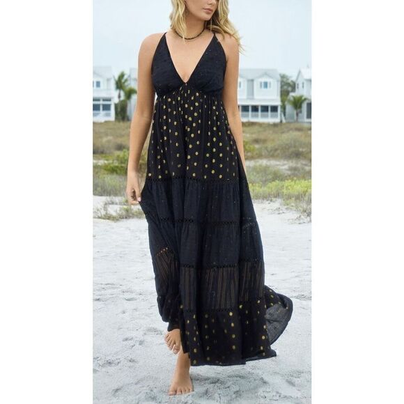 Anthropologie PQ Swim Maxi Dress Black Gold Size XS/S Shine Sleeveless NWT - Picture 8 of 10
